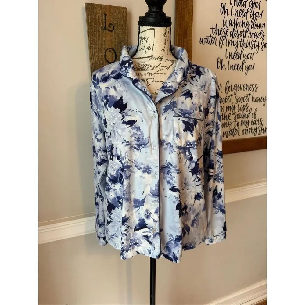 Flora by Flora Nikrooz Women's Floral Button Up Sleepshirt Pajama Top Blue Small